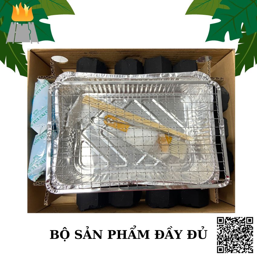 Bếp nướng than dùng 1 lần tiện lợi đầy đủ than,mồi than,vỉ nướng, kẹp gắp, cọ quét, xiên tre