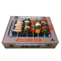 Bếp nướng than dùng 1 lần tiện lợi đầy đủ than,mồi than,vỉ nướng, kẹp gắp, cọ quét, xiên tre