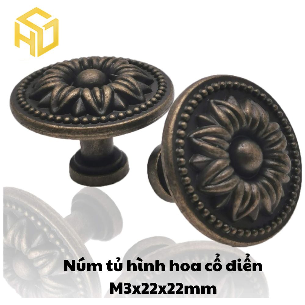 Combo 5 Tay núm tròn nhỏ gang đúc màu đồng giả cổ M3 - 22 x 22mm |Tay nắm kim loại giả cổ họa tiết