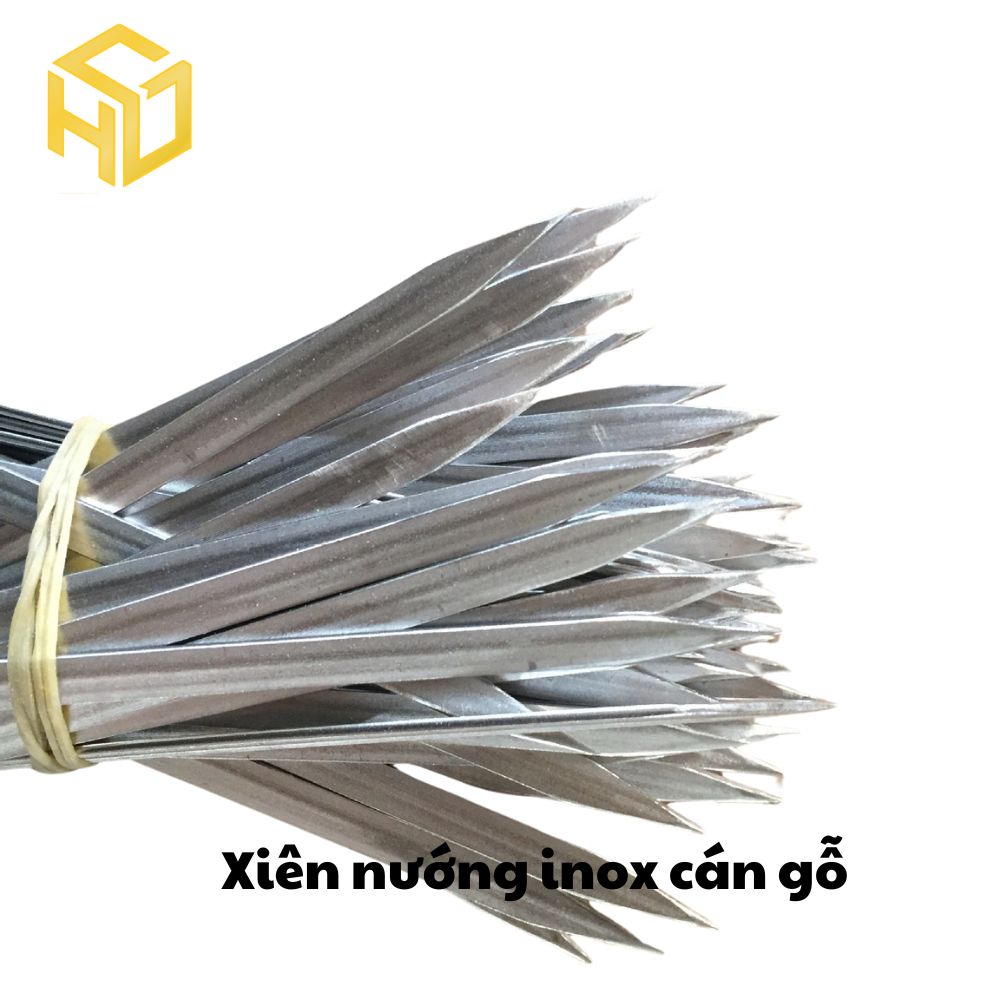Combo 5 xiên nướng inox cán gỗ chuyên nướng thịt tại bàn, cạnh dẹt giữ chặt thực phẩm, hạn chế xoay
