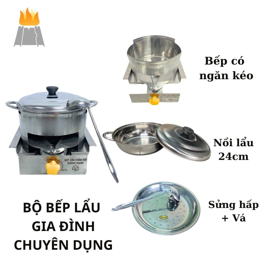 Nồi lẩu hấp kèm bếp cồn inox loại dày chuyên dùng cho quán lẩu dê lẩu bò co tặng kèm vá lẩu