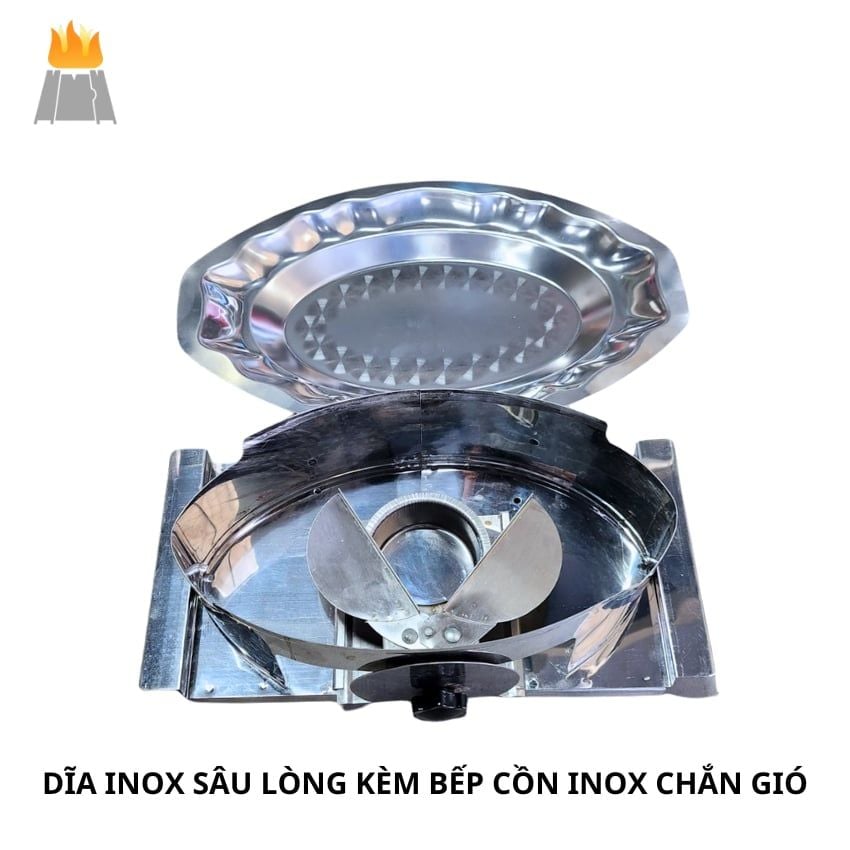 Dĩa Inox Sâu Lòng Kèm Bếp Cồn Chắn Gió Hương Giang-Tặng Kèm Vá Múc-Chuyên Dụng Cho Món Hấp, Né, Xào