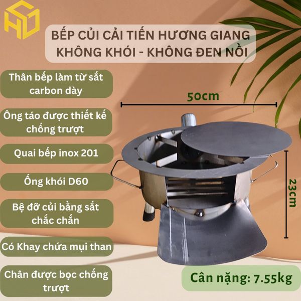 Bếp củi cải tiến Hương Giang siêu bền tròn 50cm chống đen nồi,có ống khói thoát, bệ đỡ củi,hứng tro