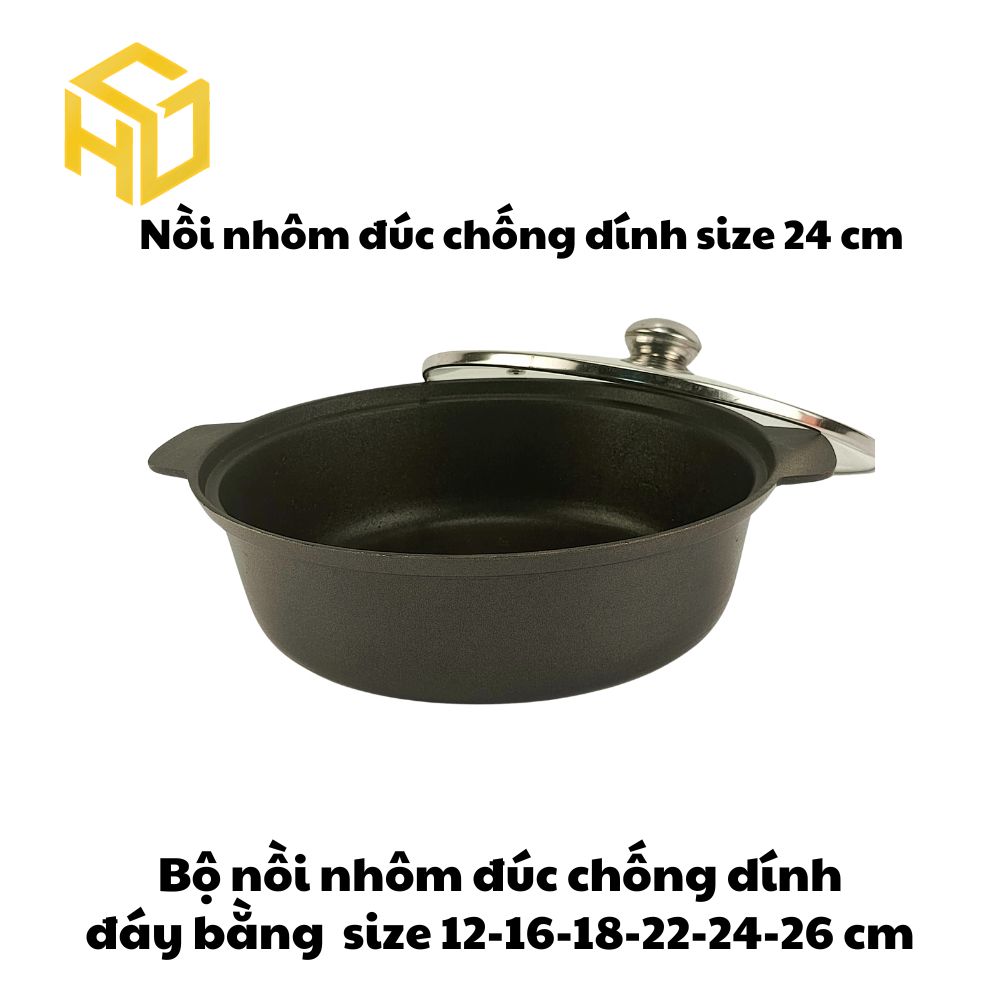 Nồi Nhôm Đúc Size 24cm Đáy Bằng Chống Dính Nắp Kính Cao Cấp Dành Cho Nhà Hàng, Quán Ăn - Nhiều Size | Nồi Nhôm Chất Lượn