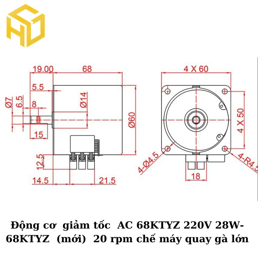 Động cơ  giảm tốc  AC 68KTYZ 220V 28W- 68KTYZ  (mới)  20 rpm chế máy quay gà lớn
