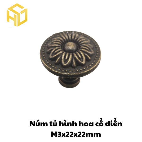 Combo 5 Tay núm tròn nhỏ gang đúc màu đồng giả cổ M3 - 22 x 22mm |Tay nắm kim loại giả cổ họa tiết