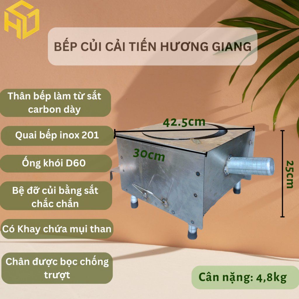 Bếp củi cải tiến HươngGiang siêu bền hình vuông V42 chống đen nồi,có ống khói thoát, bệ đỡ củi,hứng tro
