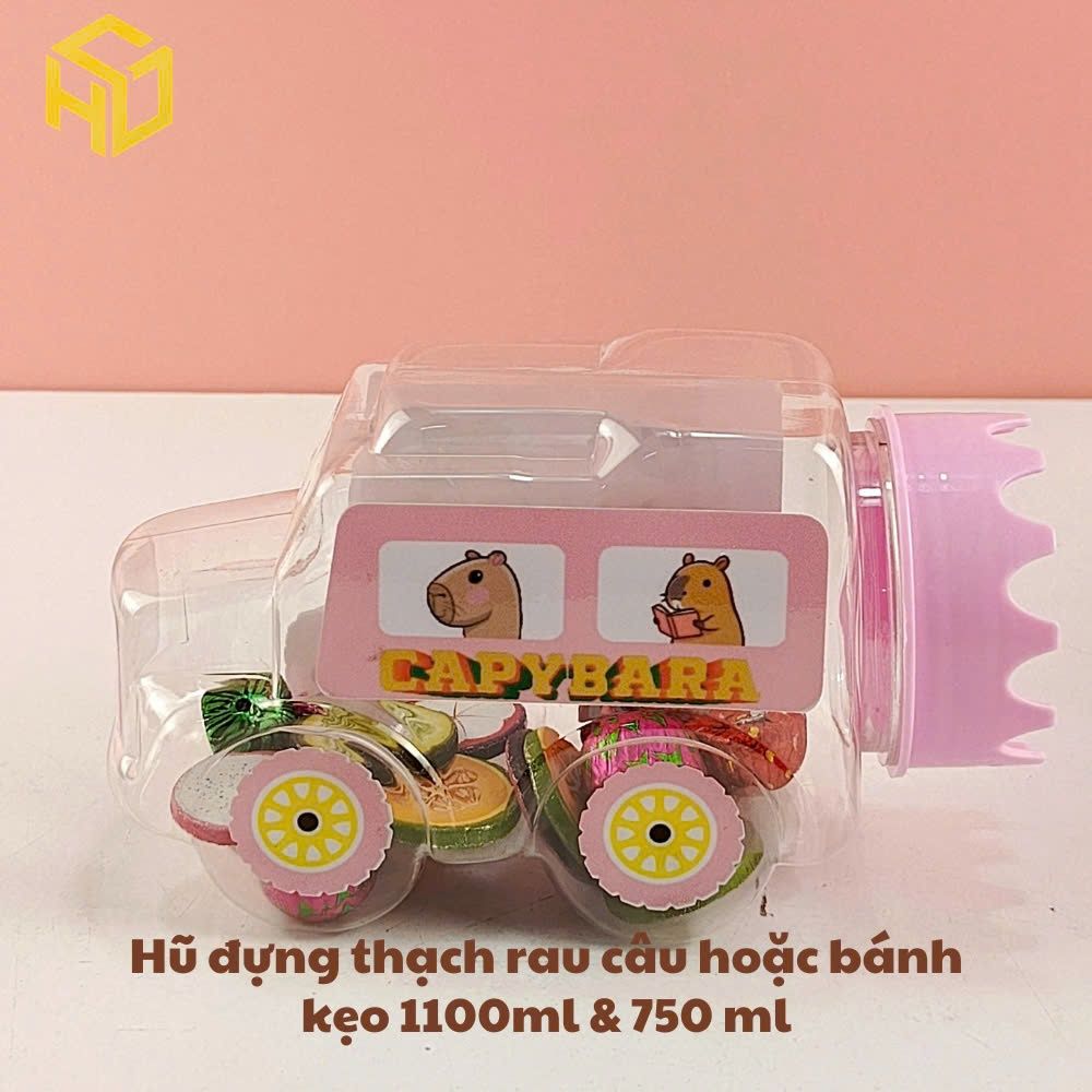 Hũ Nhựa Đựng Rau Câu, Bánh Kẹo Hình Xe Ô Tô 750ml và 1100ml kèm nắp hồng, xanh dán tem sẵn