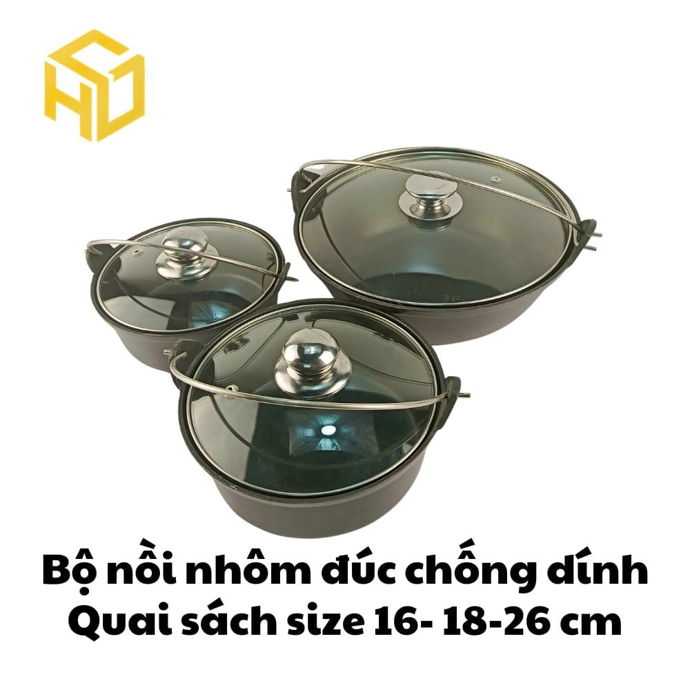 Nồi Nhôm Size 16cm Có Quai Đáy Bằng Nắp Kính Chống Dính - Dành Cho Nhà Hàng, Quán Ăn,Giữ nhiệt tốt