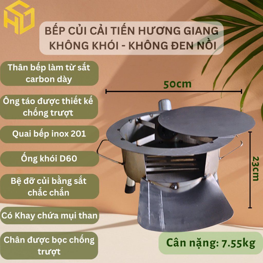 Bếp Củi Cải Tiến Hương Giang Tròn 50cm–Chắc chắn, Chống Đen Nồi, Có Ống Khói, Bệ Đỡ Củi & Hứng Tro