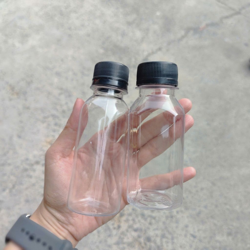 Combo 100 Chai nhựa PET 100ml nắp nhựa đen hình tròn, vuông, dẹp - Chai đóng trà sữa 5K giá rẻ