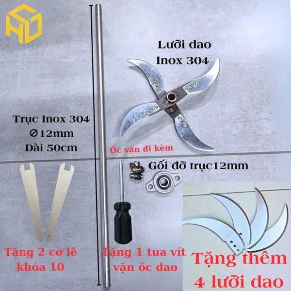 Combo Bộ Dao Xay Rau Củ Gia Đình–Trục Inox 304 Dài 50cm+Gối Đỡ + Dao Xay Sắc Bén – Tặng Kèm 4 dao
