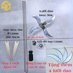 Combo Bộ Dao Xay Rau Củ Gia Đình–Trục Inox 304 Dài 50cm+Gối Đỡ + Dao Xay Sắc Bén – Tặng Kèm 4 dao