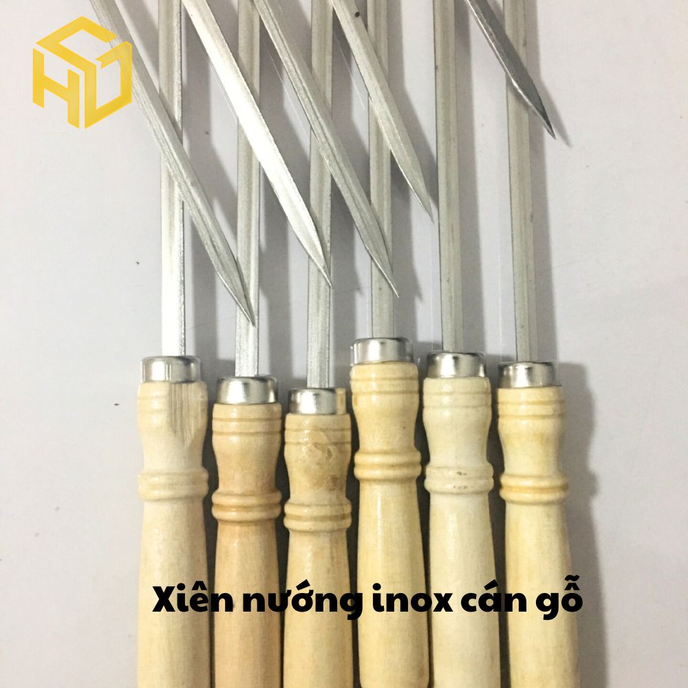 Combo 5 xiên nướng inox cán gỗ chuyên nướng thịt tại bàn, cạnh dẹt giữ chặt thực phẩm, hạn chế xoay