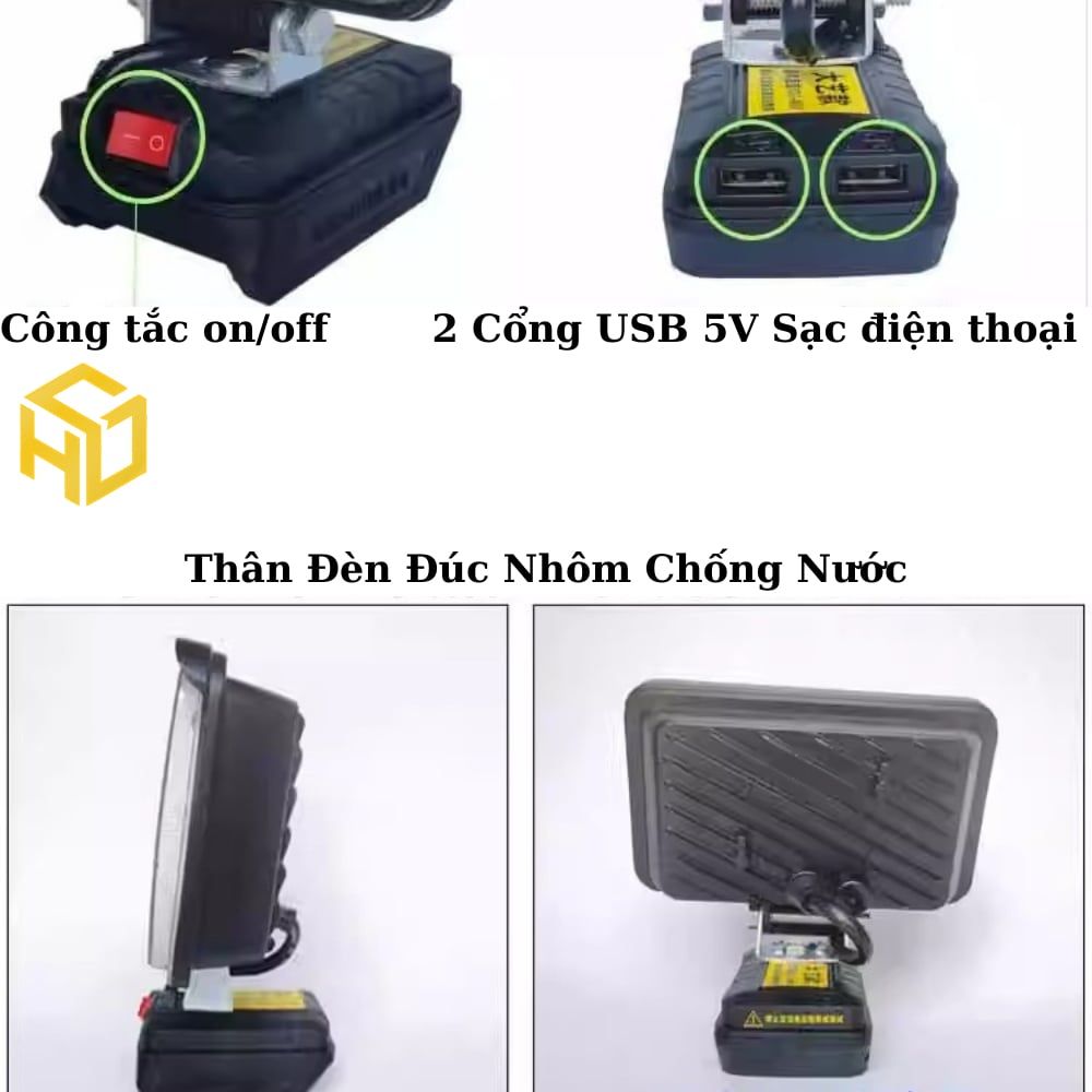 Đèn pha led 3 & 5 inch chân pin MAKITA 21V, kèm 2 cổng sạc USB chiếu sáng liên tục 7-10 tiếng.