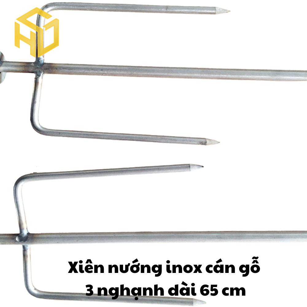 Xiên nướng gà vịt cho máy quay tự động, cán gỗ, thân inox hình đinh ba dài 60cm