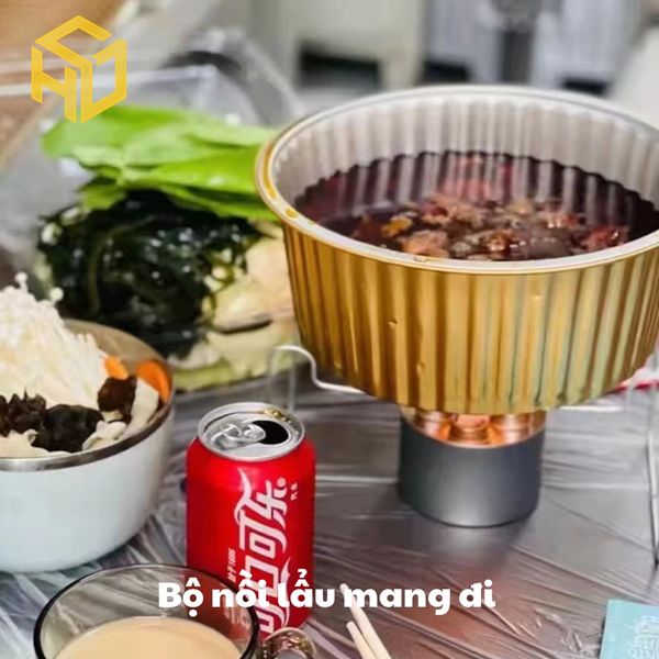 Combo Nồi Lẩu nhôm có nắp 1430ml & bếp Cồn dùng lẩu mang về Cho Quán Ăn và nấu ăn ngoài trời.