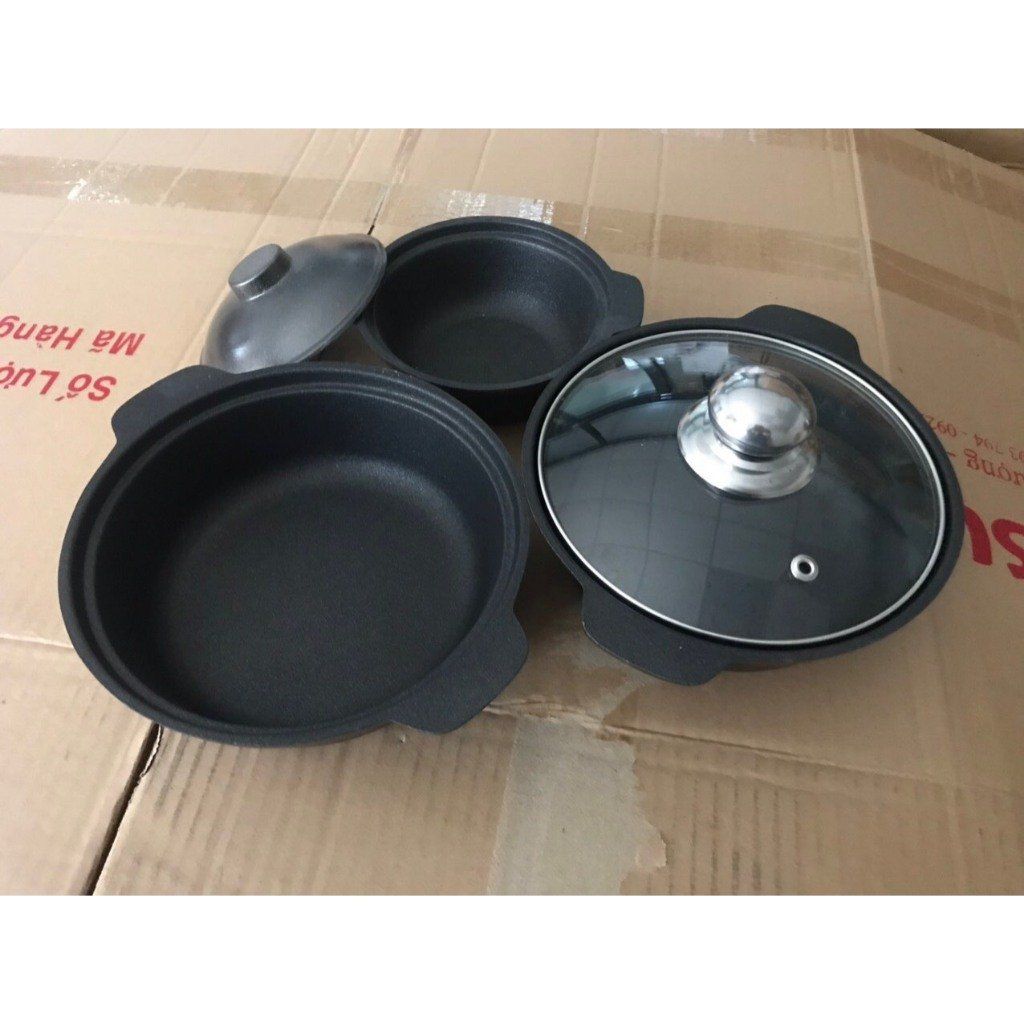 Nồi mì cay, nồi kho cá chất liệu nhôm đúc nguyên khối nắp kính núm inox, giữ nhiệt tốt size 16 &18cm