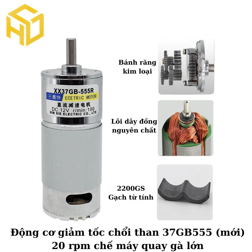 Động cơ giảm tốc chổi than 37GB555 (mới)  20 rpm chế máy quay gà lớn