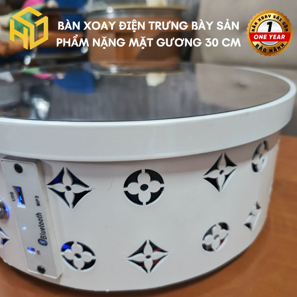 Đế xoay, Bàn xoay điện trưng bày sản phẩm  xoay 360 độ có phát nhạc tráng gương size 30cm