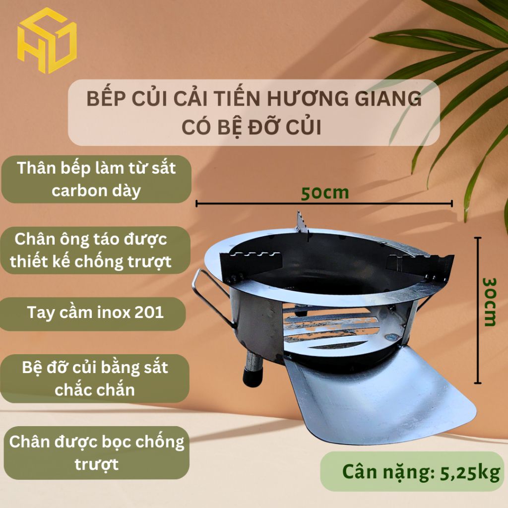 Bếp củi cải tiến Hương Giang siêu bền tròn 50cm chống đen nồi,có ống khói thoát, bệ đỡ củi,hứng tro