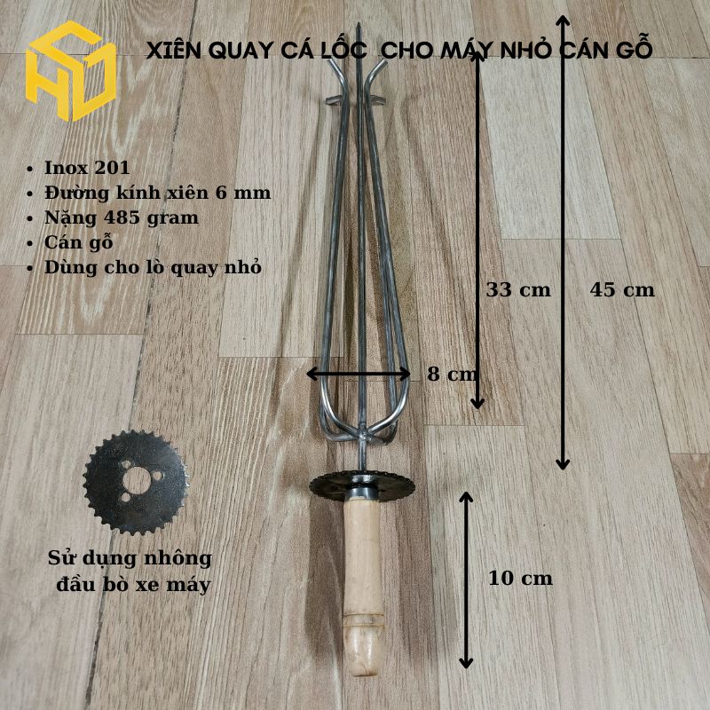 Xiên nướng cá lóc, cá quả lò quay nướng tự động mini, dùng nhông đầu bò xe máy cán gỗ & cán inox
