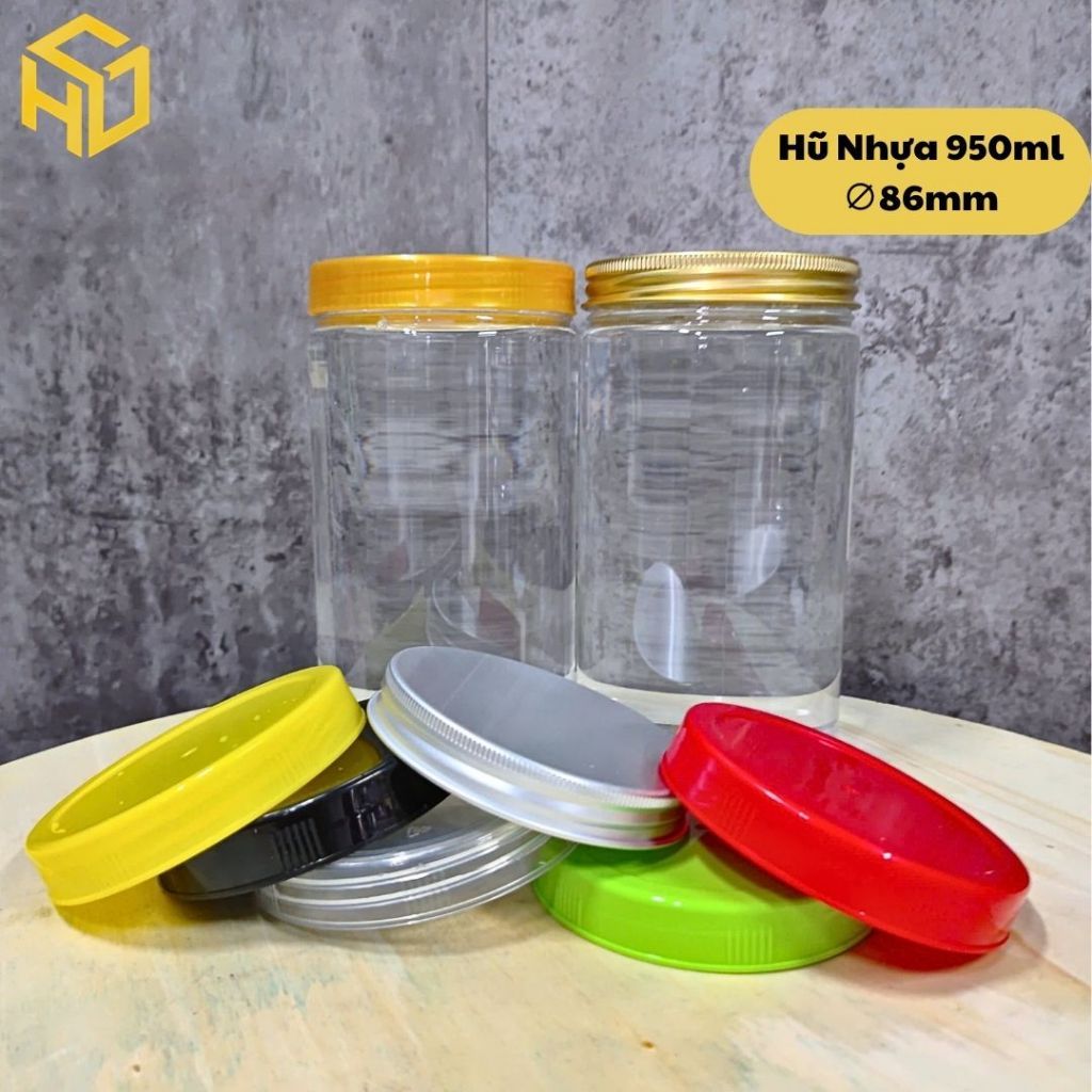 Combo 12 hũ hũ nhựa PET 950ml ,Cổ 86mm kèm nắp nhôm, nắp nhựa. Hũ trong, cứng cáp đựng thực phẩm