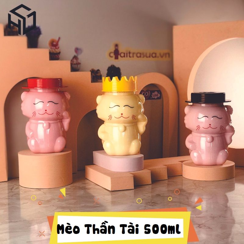 Hũ nhựa đựng bánh kẹo, đồ ăn vặt cho quán trà sữa hình mèo thần tài 500ml - Hủ nhựa đựng trà sữa có in mắt mũi