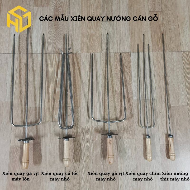 Xiên nướng gà vịt cho máy nướng thịt tự động mini, Xiên 3 chỉa dùng nhông đầu bò xe máy cán gỗ, inox