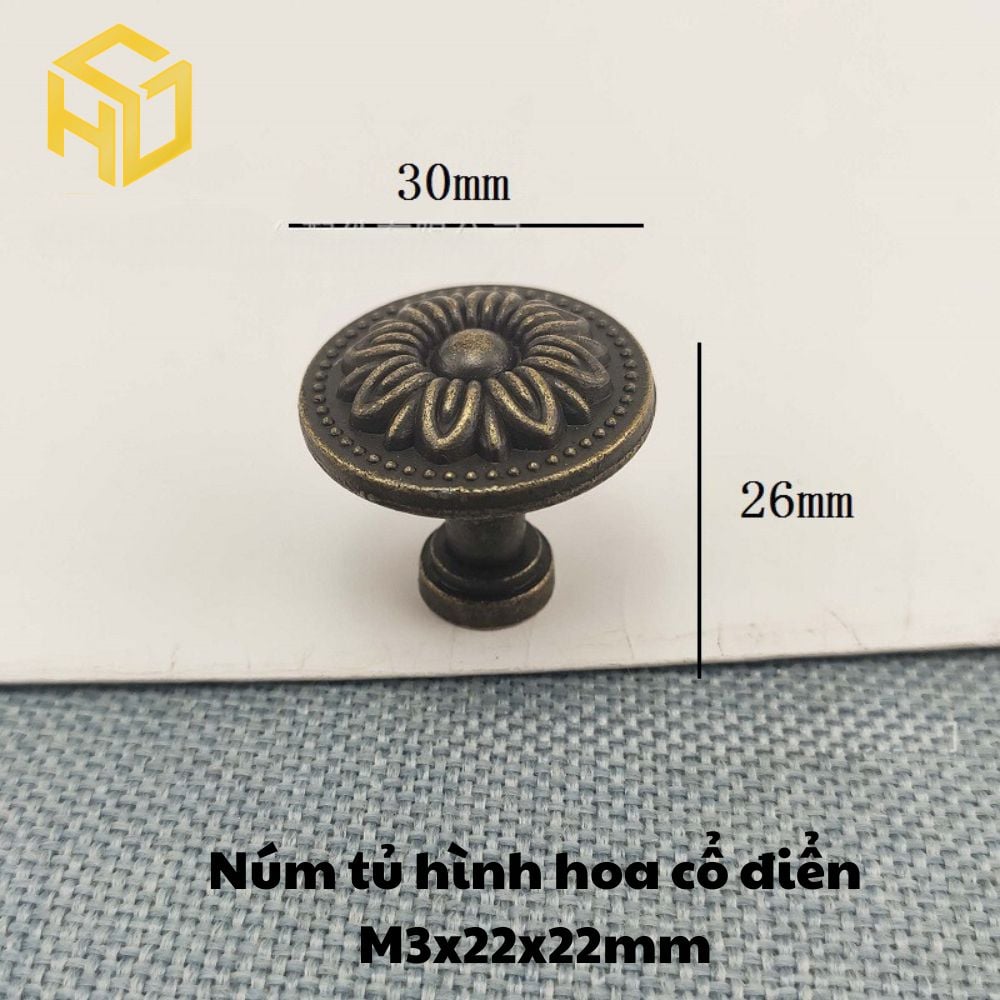 Combo 5 Tay núm tròn nhỏ gang đúc màu đồng giả cổ M3 - 22 x 22mm |Tay nắm kim loại giả cổ họa tiết
