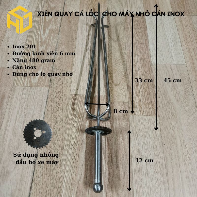Xiên nướng cá lóc, cá quả lò quay nướng tự động mini, dùng nhông đầu bò xe máy cán gỗ & cán inox