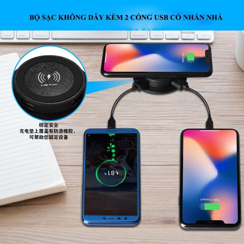 (PKNT-020) Sạc Không Dây Kèm 2 Cồng Sạc USB có nút nhấn nhả