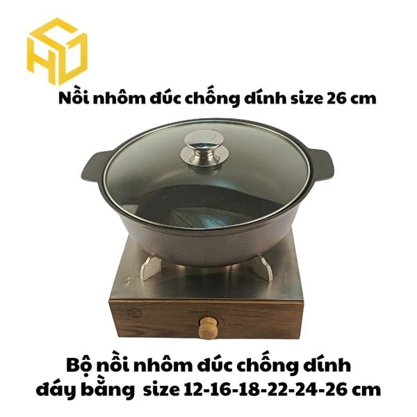 Nồi Nhôm Đúc Size 26cm Đáy Bằng Chống Dính Nắp Kính Cao Cấp Dành Cho Nhà Hàng - Giữ Nhiệt Tốt