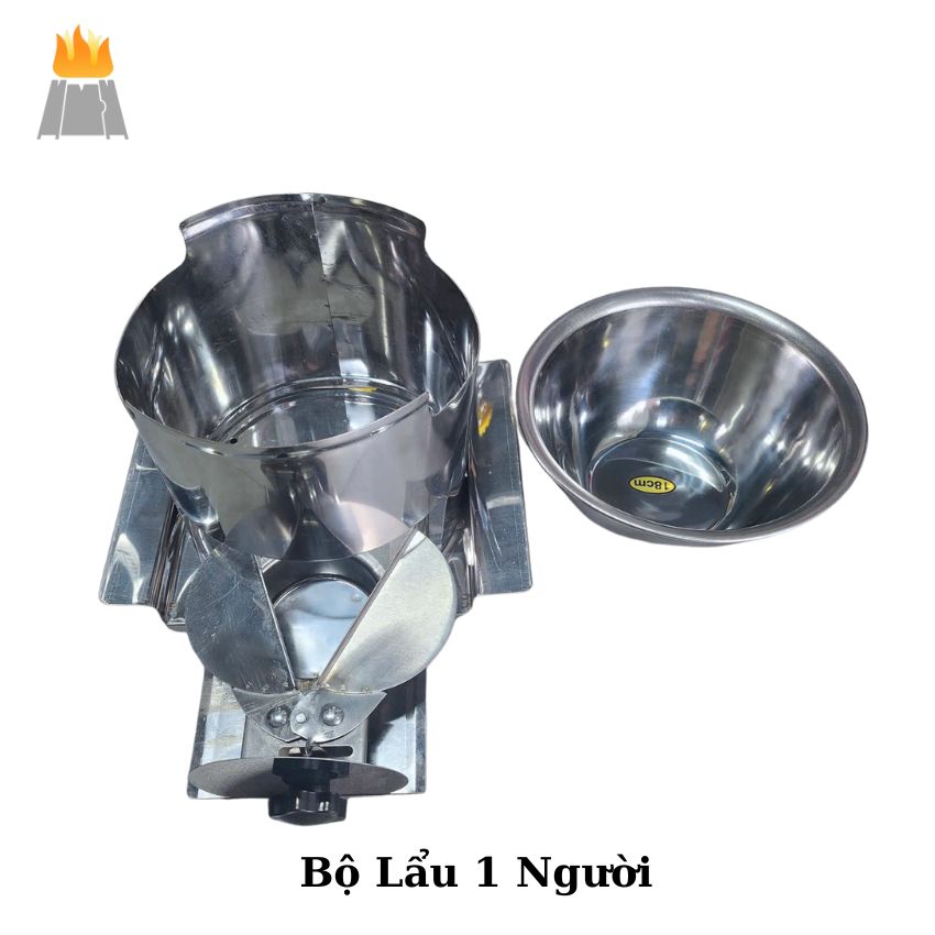 Lẩu 1 người inox kèm bếp cồn,mẫu cải tiến có ngăn châm cồn tiện lợi không cần nhấc nồi, chỉnh nhiệt.