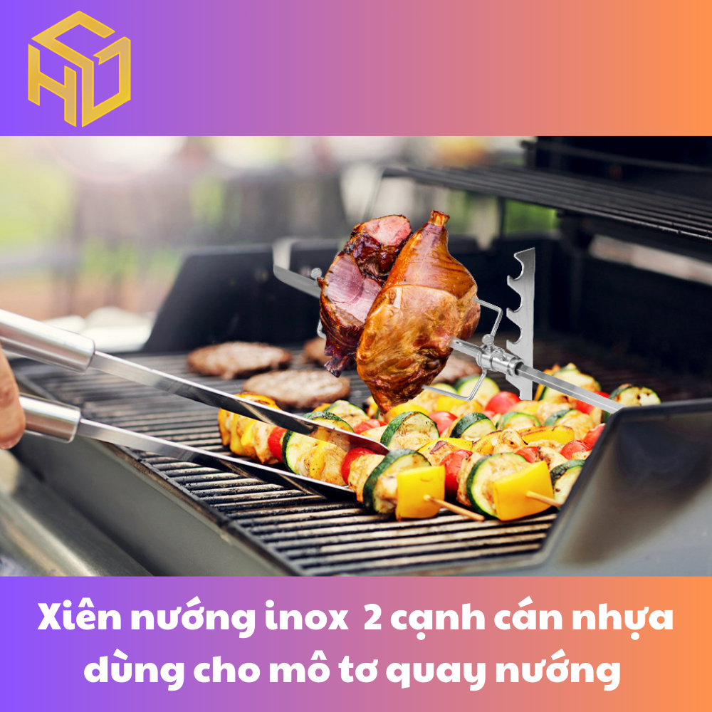 Cây xiên quay nướng gà vịt cho máy quay tự động | xiên nướng gà vịt inox 2 cạnh