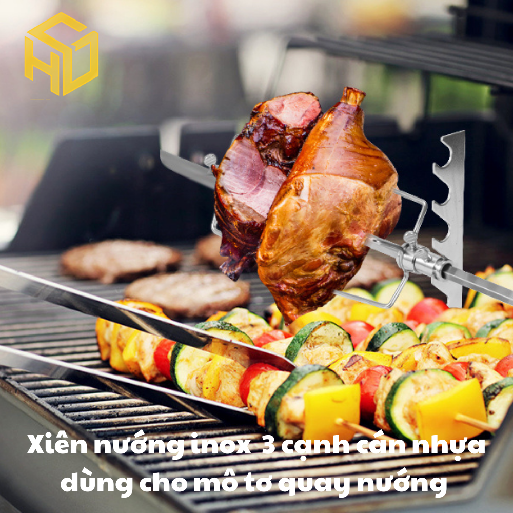 Cây xiên quay nướng gà vịt cho máy quay tự động | xiên nướng gà vịt inox 4 cạnh