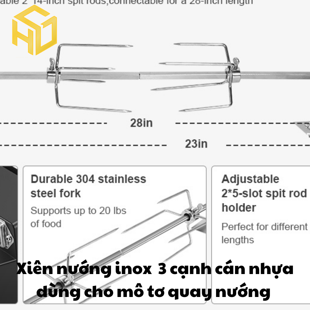 Cây xiên quay nướng gà vịt cho máy quay tự động | xiên nướng gà vịt inox 4 cạnh