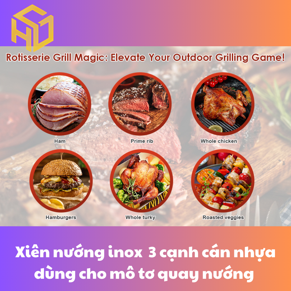 Cây xiên quay nướng gà vịt cho máy quay tự động | xiên nướng gà vịt inox 4 cạnh