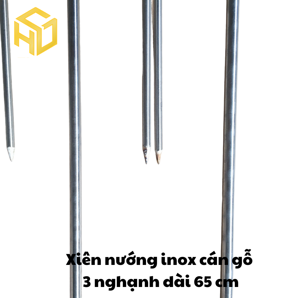 Xiên nướng gà vịt cho máy quay tự động, cán gỗ, thân inox hình đinh ba dài 65 cm