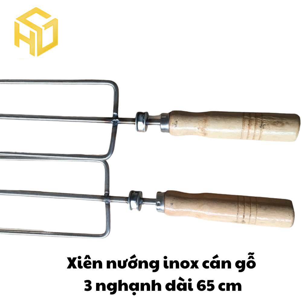 Xiên nướng gà vịt cho máy quay tự động, cán gỗ, thân inox hình đinh ba dài 65 cm
