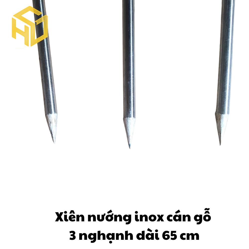 Xiên nướng gà vịt cho máy quay tự động, cán gỗ, thân inox hình đinh ba dài 65 cm