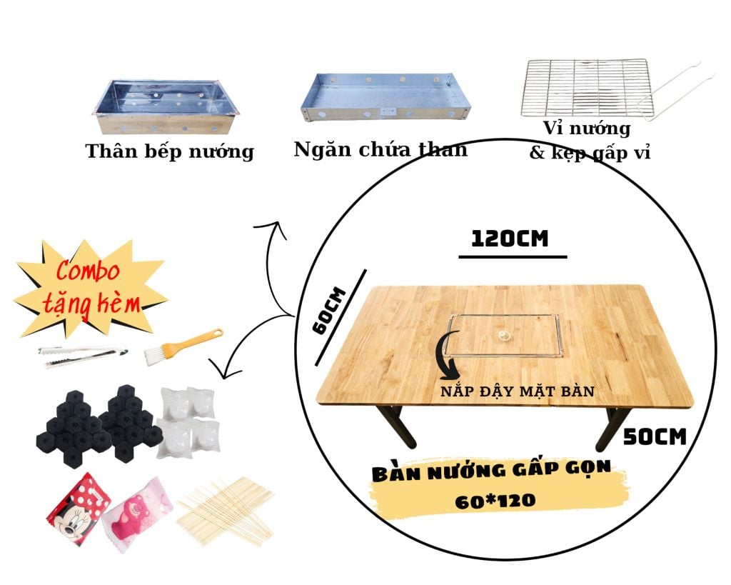 Bàn Nướng BBQ Gấp Gọn dành cho quán nướng  60 x 120 cm  | Bàn Nướng BBQ 60x120 cm   - Tiệc Nướng Ngoài Trời, Picnic, Dã Ngoại