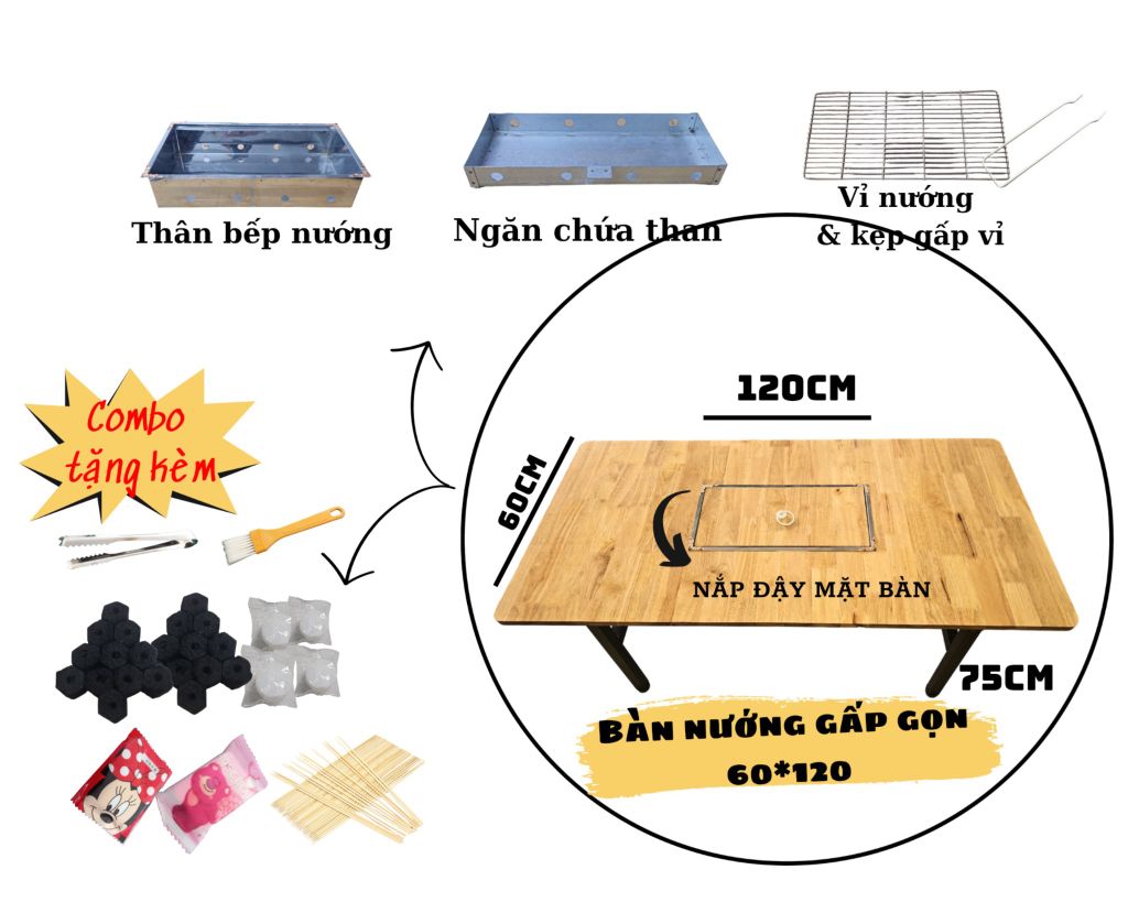 Bàn Nướng BBQ Gấp Gọn dành cho quán nướng  60 x 120 cm  | Bàn Nướng BBQ 60x120 cm   - Tiệc Nướng Ngoài Trời, Picnic, Dã Ngoại