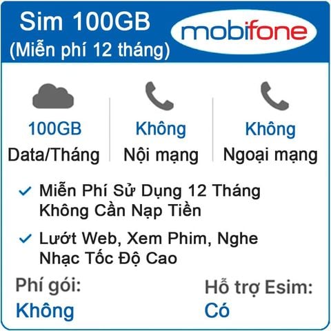 Sim 4G MobiFone 100GB/Tháng x 12 Tháng