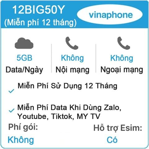 Sim 4G Vinaphone 12BIG50Y 5GB/Ngày x 12 Tháng Free Zalo, Youtube, Tiktok, MY TV