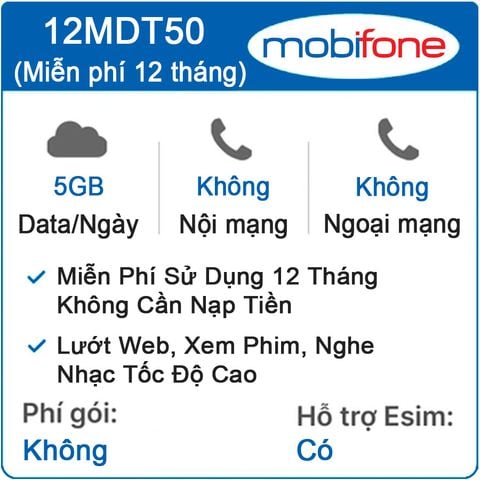 Sim 4G 5G MobiFone 12MDT50 Trọn Gói 1 Năm 5GB/Ngày