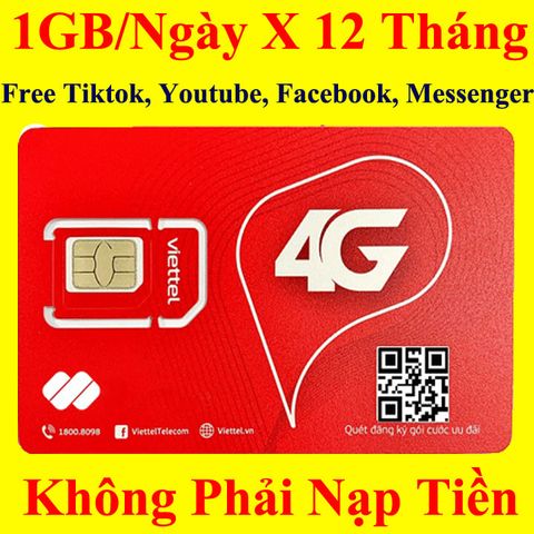 Sim 4G Viettel 12MXH100 1GB/Ngày X 12 Tháng Free Tiktok, Youtube, Facebook, Messenger