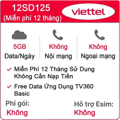 Sim 4G Viettel 12SD125 5GB/Ngày x 12 Tháng