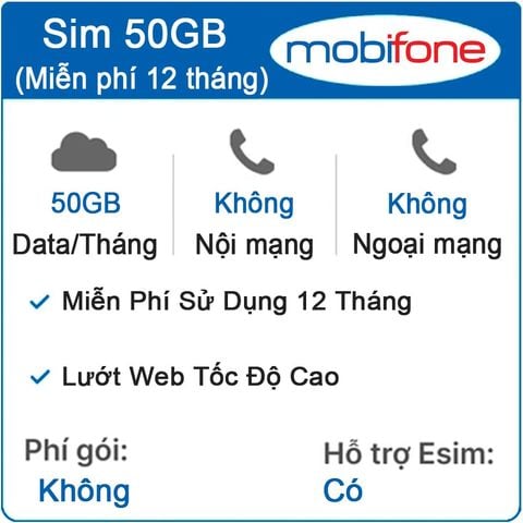 Sim 4G MobiFone 50GB/Tháng x  12 Tháng