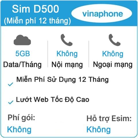 Sim 4G VinaPhone D500 Khuyến Mại 5Gb/Tháng Trọn Gói 1 Năm